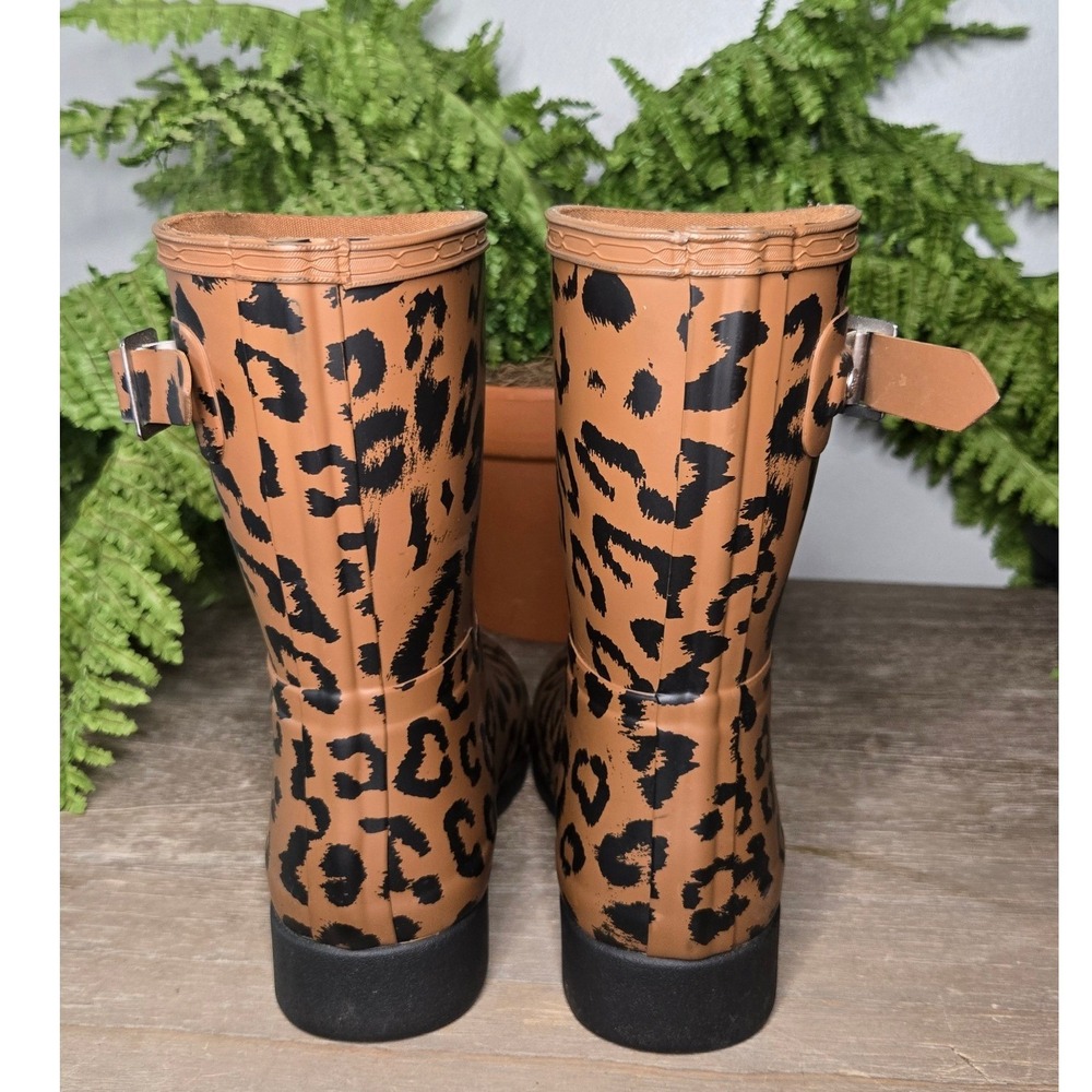 Hunter Original Short Leopard Print Rain Boots Brown Black Women's US 6 - Picture 4 of 9